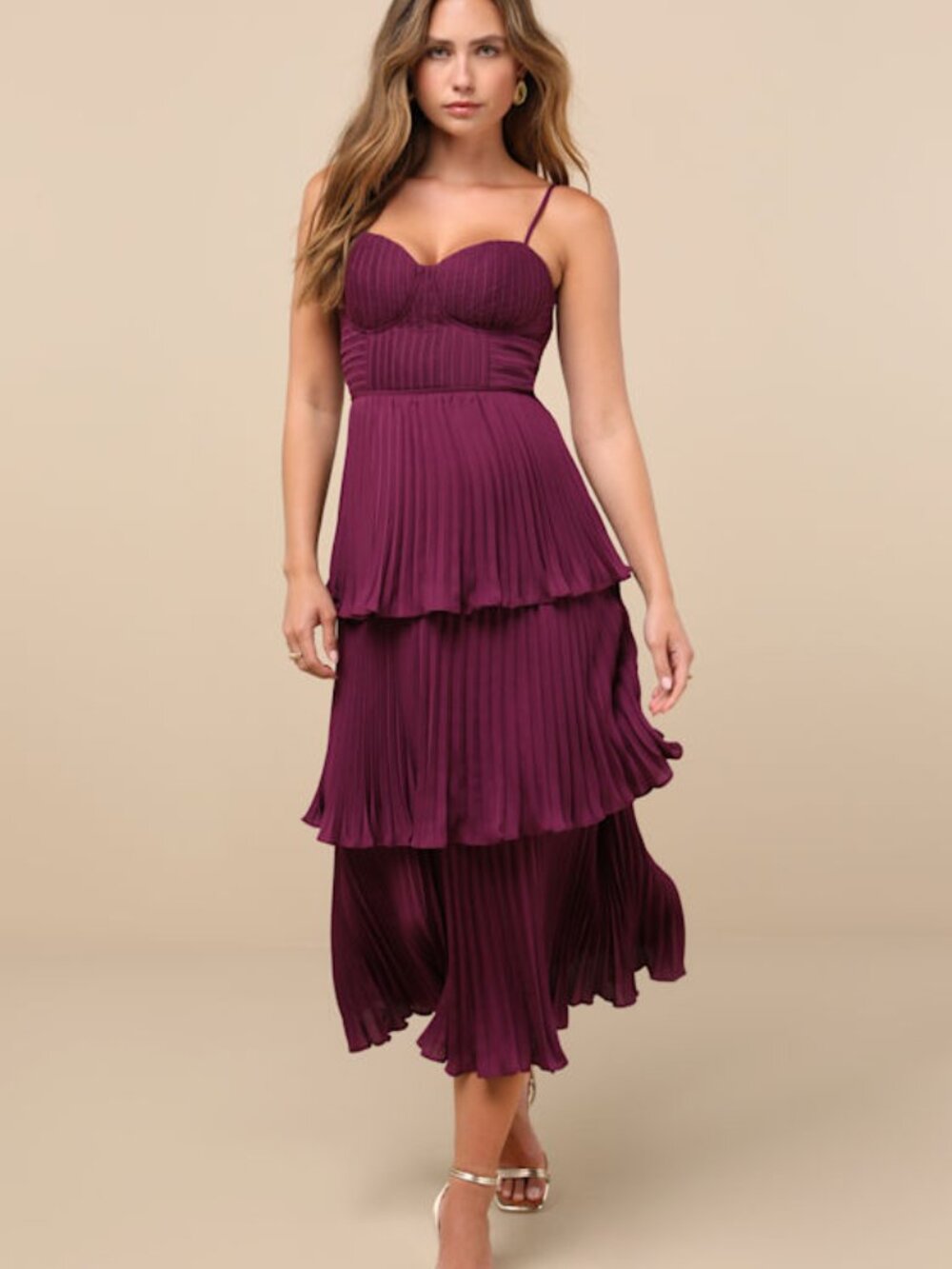 Lulus Cascading Crush Plum Purple Tiered Bustier Midi Dress - Size L